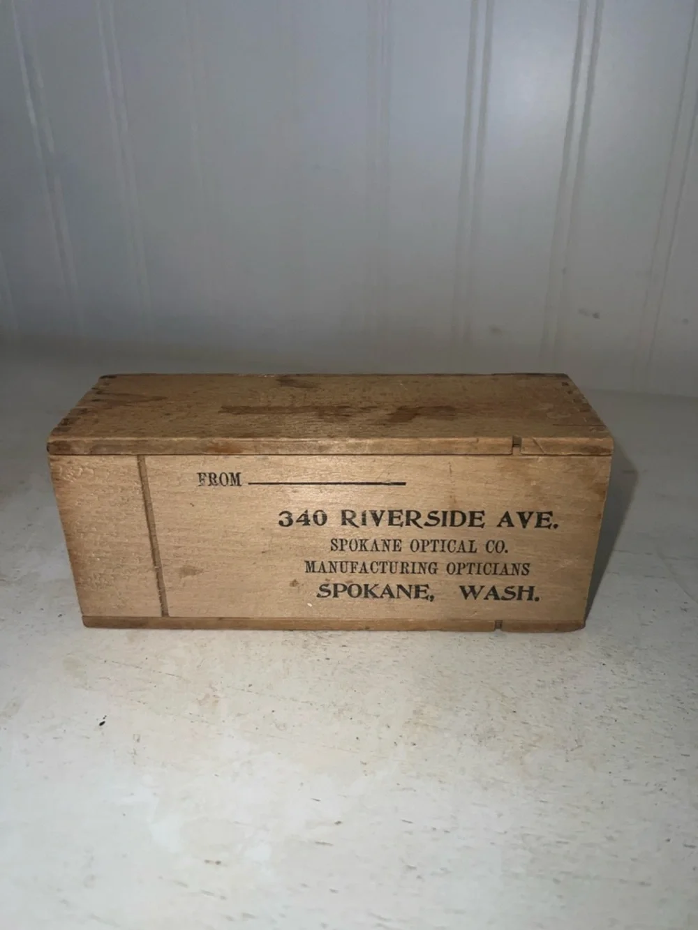 Vintage Spokane WA Optical Company wood handmade shipping box